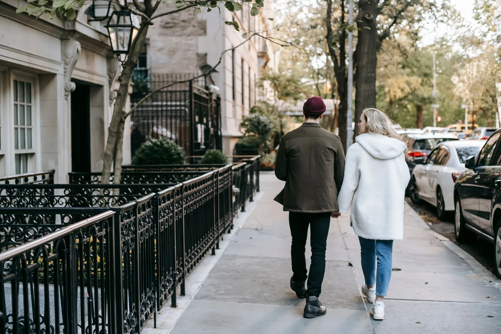 A couple walking along a city street